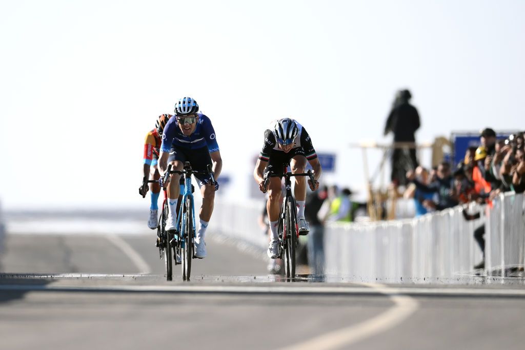 SKYVIEWS OF HARRAT UWAYRID SAUDI ARABIA FEBRUARY 02 LR Ruben Almeida Guerreiro of Portugal and Movistar Team and Davide Formolo of Italy and UAE Team Emirates sprint at finish line during the 3rd Saudi Tour 2023 Stage 4 a 1633km stage from Maraya to Skyviews of Harrat Uwayrid 1159m SaudiTour on February 02 2023 in Skyviews of Harrat Uwayrid Saudi Arabia Photo by Alex BroadwayGetty Images