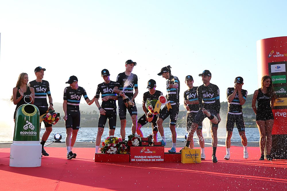Team Sky riders celebrate on the Vuelta's stage 1 podium.