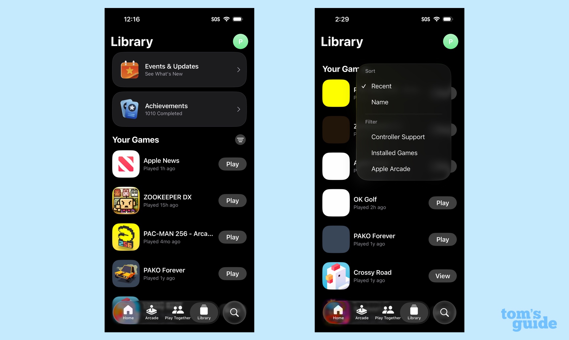 Library tab in iOS 26 Games app