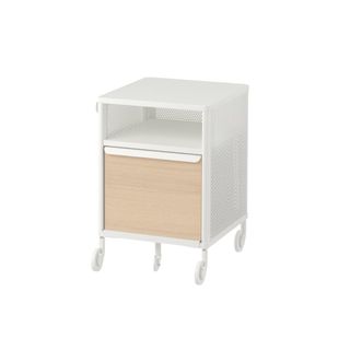 The white and wooden BEKANT storage unit for home offices on wheels