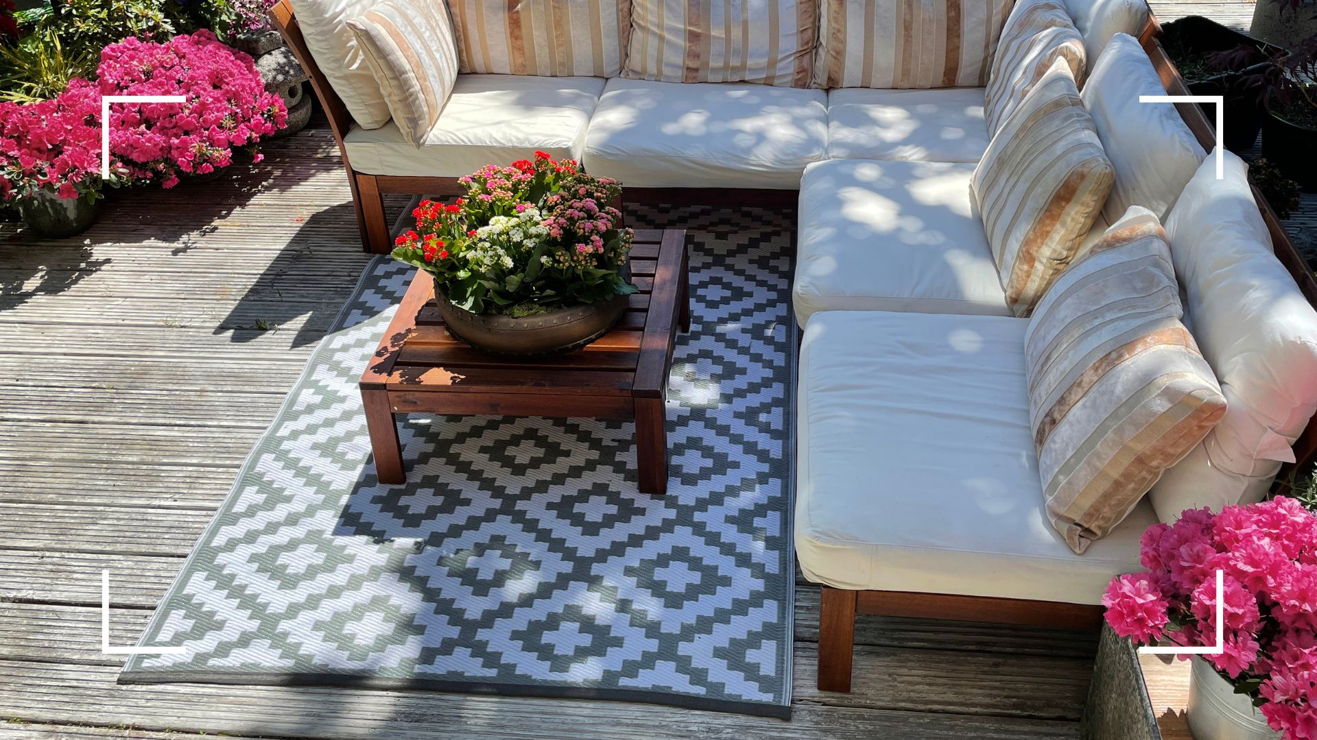 picture of outdoor rug with garden furniture around it 