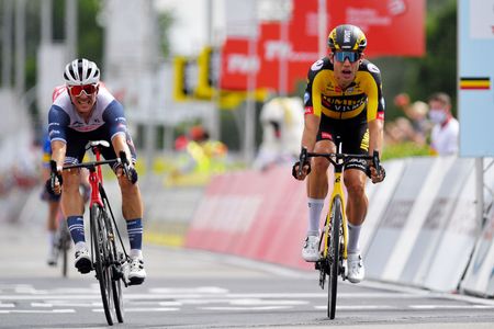 Wout van Aert (R) out-sprints Edward Theuns for the Belgian road title of 2021