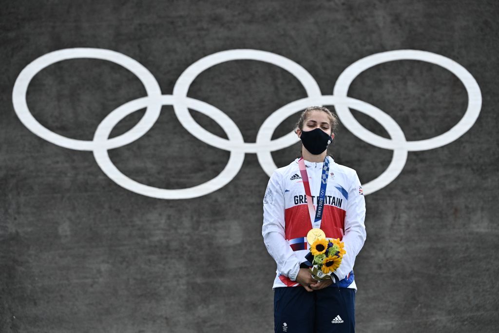 Britains Bethany Shriever stands on the podium for the victory ceremony for the cycling BMX racing womens event at the Ariake Urban Sports Park during the Tokyo 2020 Olympic Games