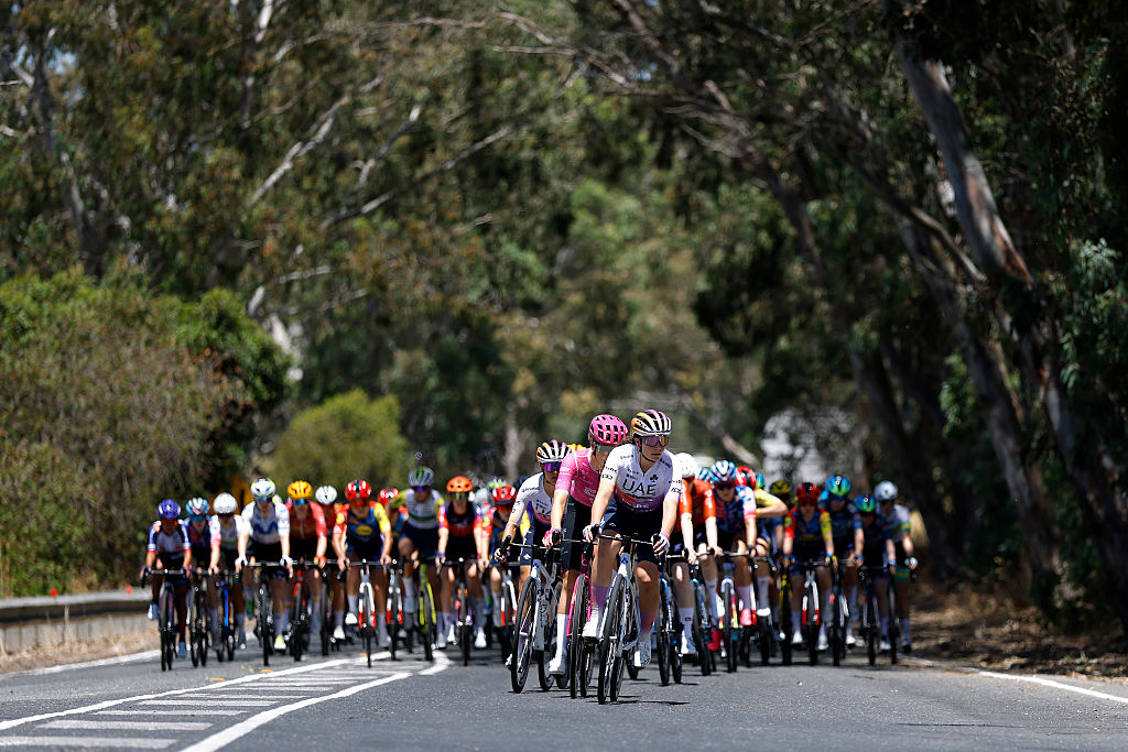 CAMPBELLTOWN, AUSTRALIA - JANUARY 19: Alena Ivanchenko of Russia and UAE Team ADQ leads the peloton during the 10th Santos Women&amp;amp;apos;s Tour Down Under 2026, Stage 3 a 126.5km stage from Norwood to Campbelltown / #UCIWWT / on January 19, 2026 in Campbelltown, Australia. (Photo by Con Chronis/Getty Images)