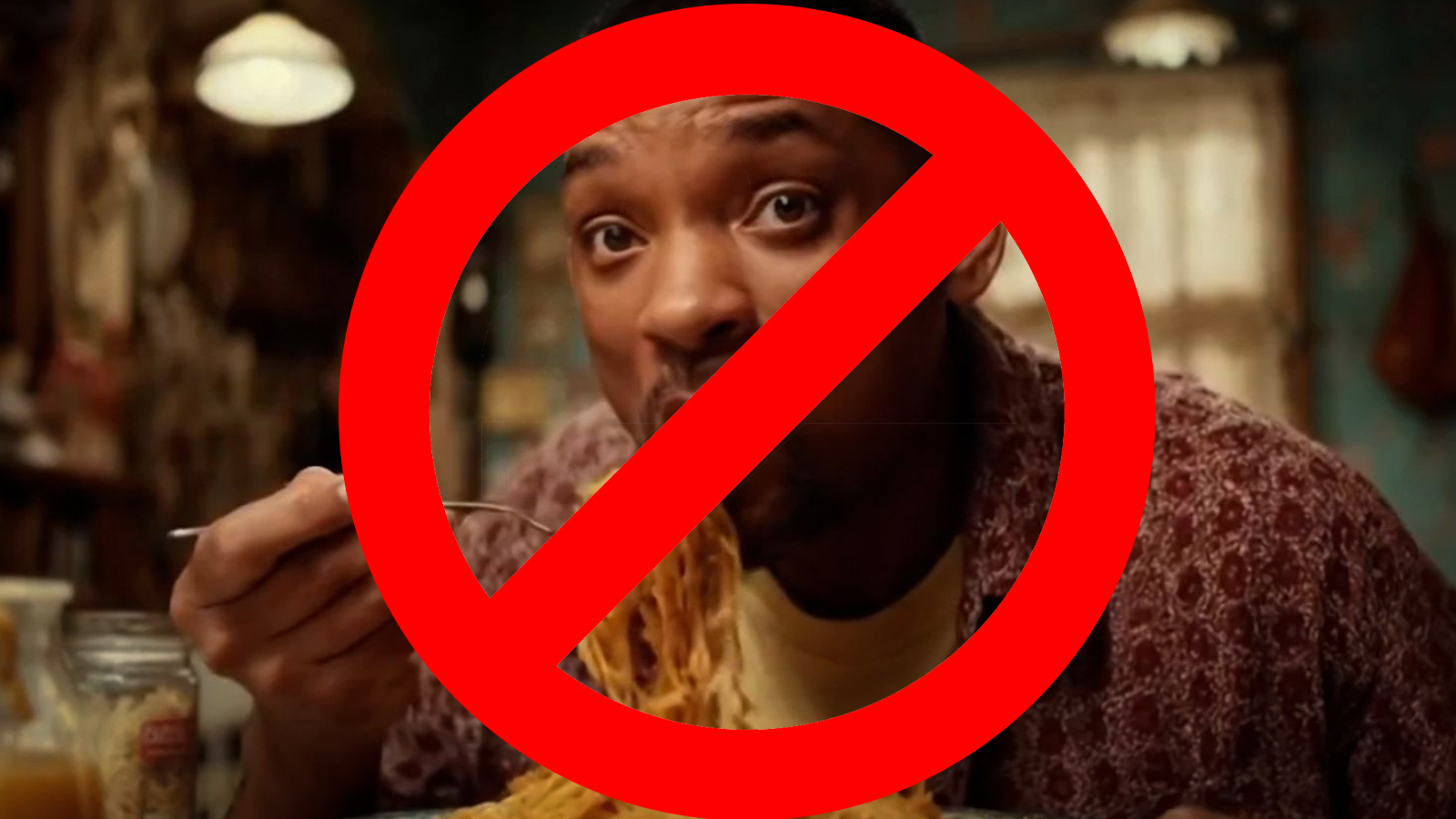 Javi Lopez&#039; AI meme of Will Smith eating spaghetti, with a circled red line through it