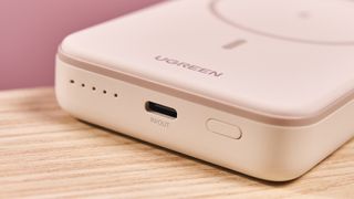 Close-up of USB-C port on Ugreen 10,000mAh Magnetic Wireless Power Bank