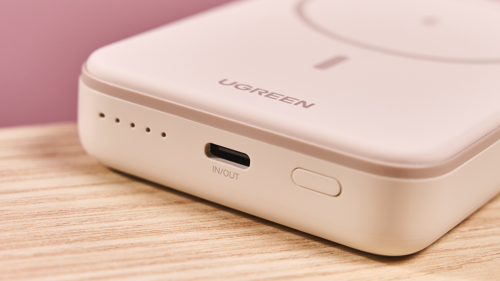 Close-up view of the USB-C port on the Ugreen 10,000mAh Magnetic Wireless Power Bank