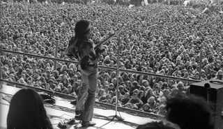 Rock guitarist Jimi Hendrix (1942 - 1970) at his last concert on September 6, 1970 in Isle of Fehmarn, Germany. 