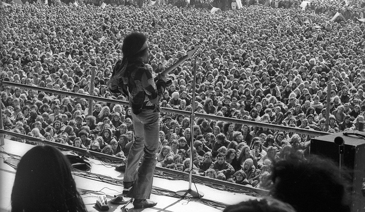 Rock guitarist Jimi Hendrix (1942 - 1970) at his last concert on September 6, 1970 in Isle of Fehmarn, Germany.
