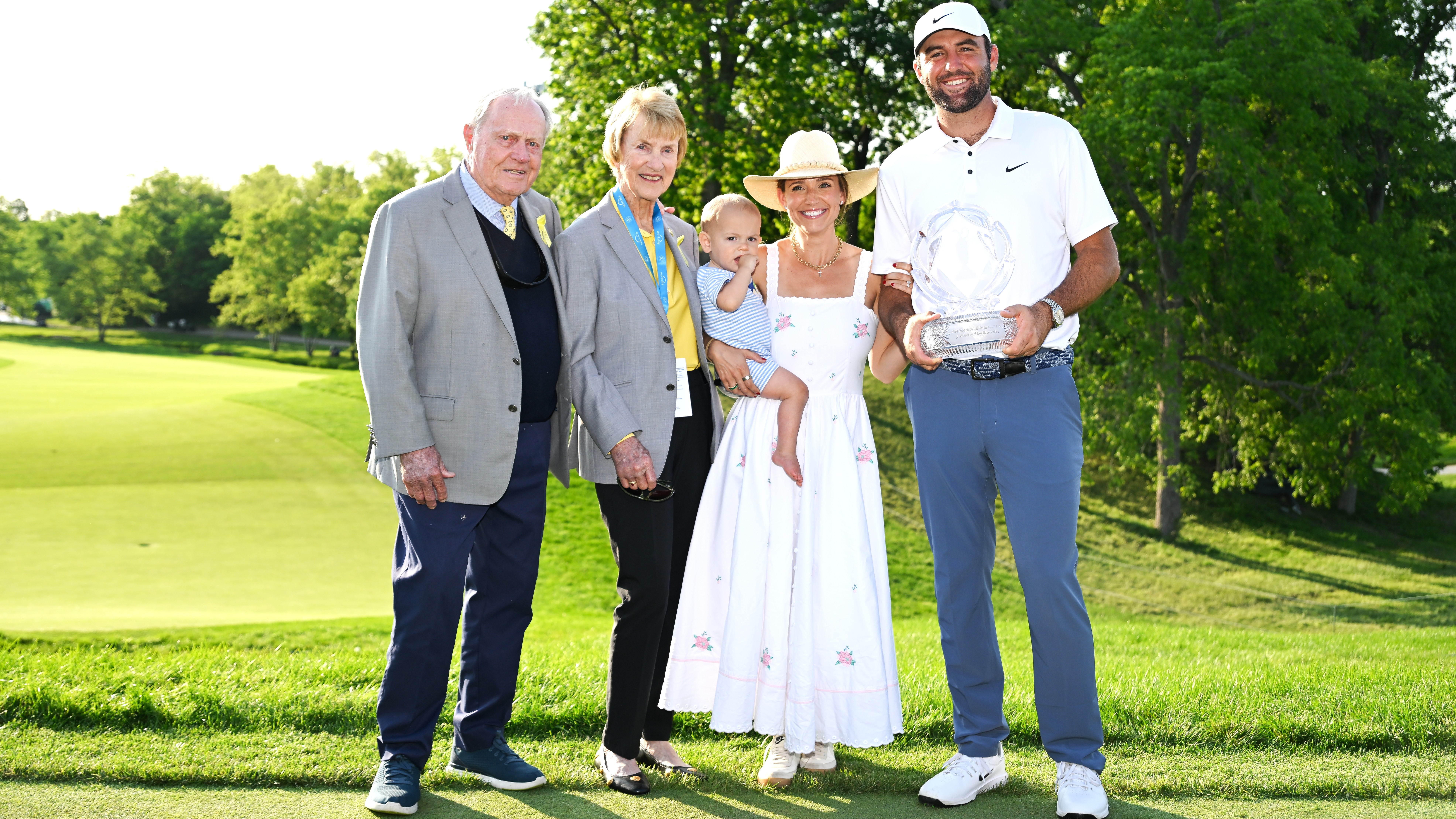 Jack and Barbara Nicklaus pose with Bennett, Meredith and Scottie Scheffler after Scheffler won the 2025 Memorial Tournament presented by Workday at Muirfield Village Golf Club 