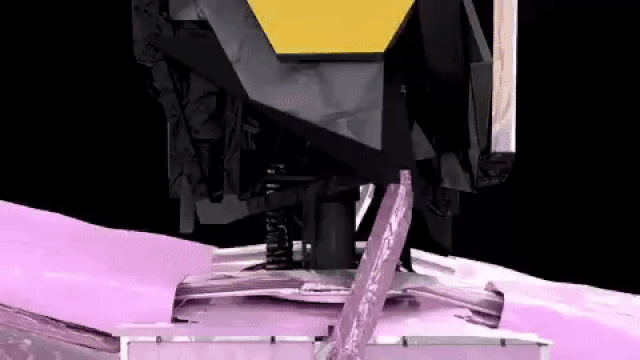 An animation of the James Webb Space Telescope extending its Deployable Tower Assembly in space.