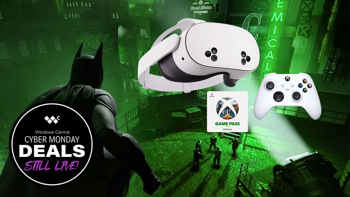 Batman staring down at bad buys while the Batsignal shines up at a Meta Quest 3S headset, Xbox controller, and Xbox Game Pass. There is also a badge that says &quot;Cyber Monday Deals Still Live!&quot;