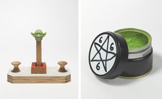 Items from Tom Sachs exhibition 'Tea Ceremony' including a green tea tin and wooden rod with plastic Yoda head