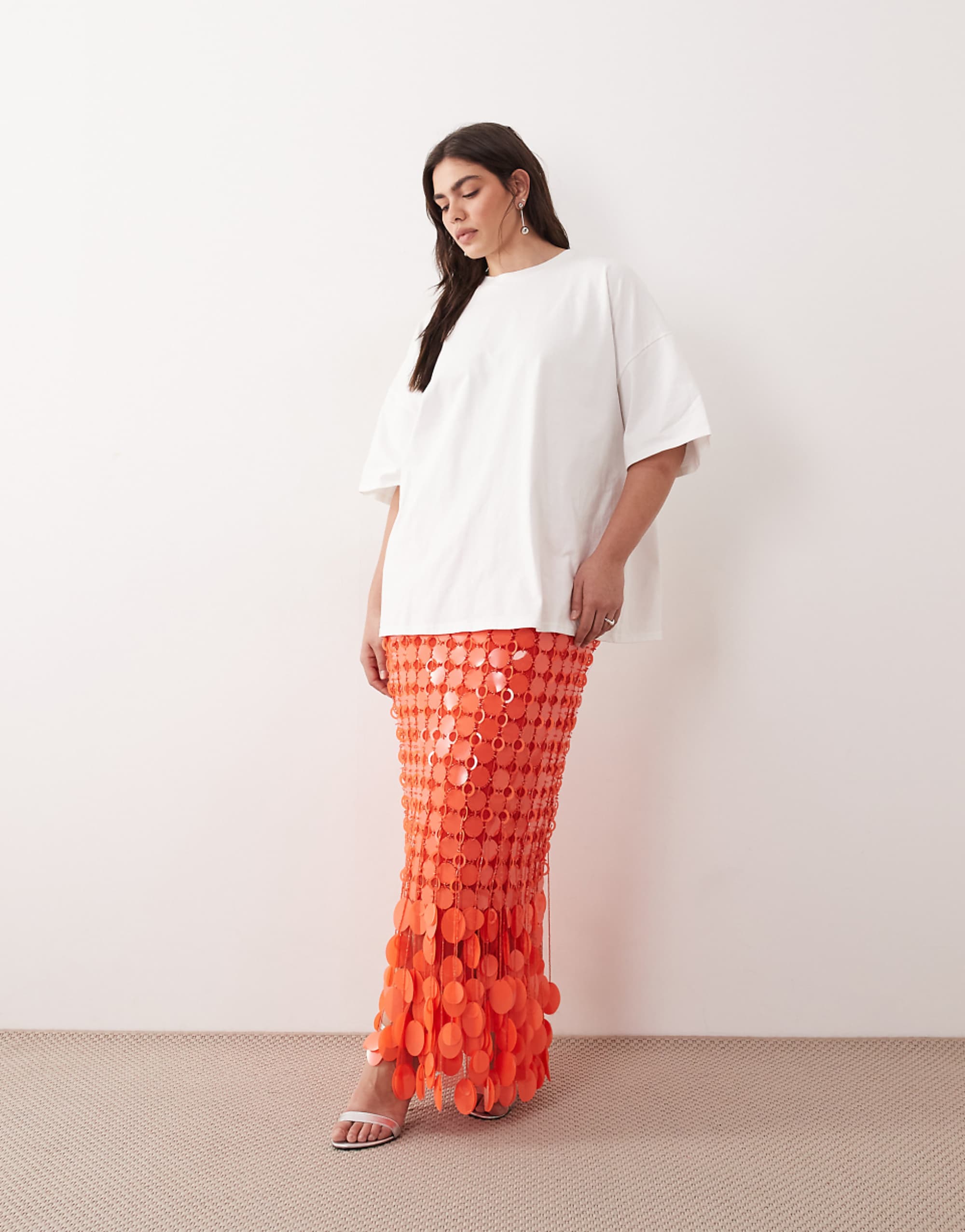 Arrange Curve Futurist Sequin Fringe Hem Midi Skirt in Tomato