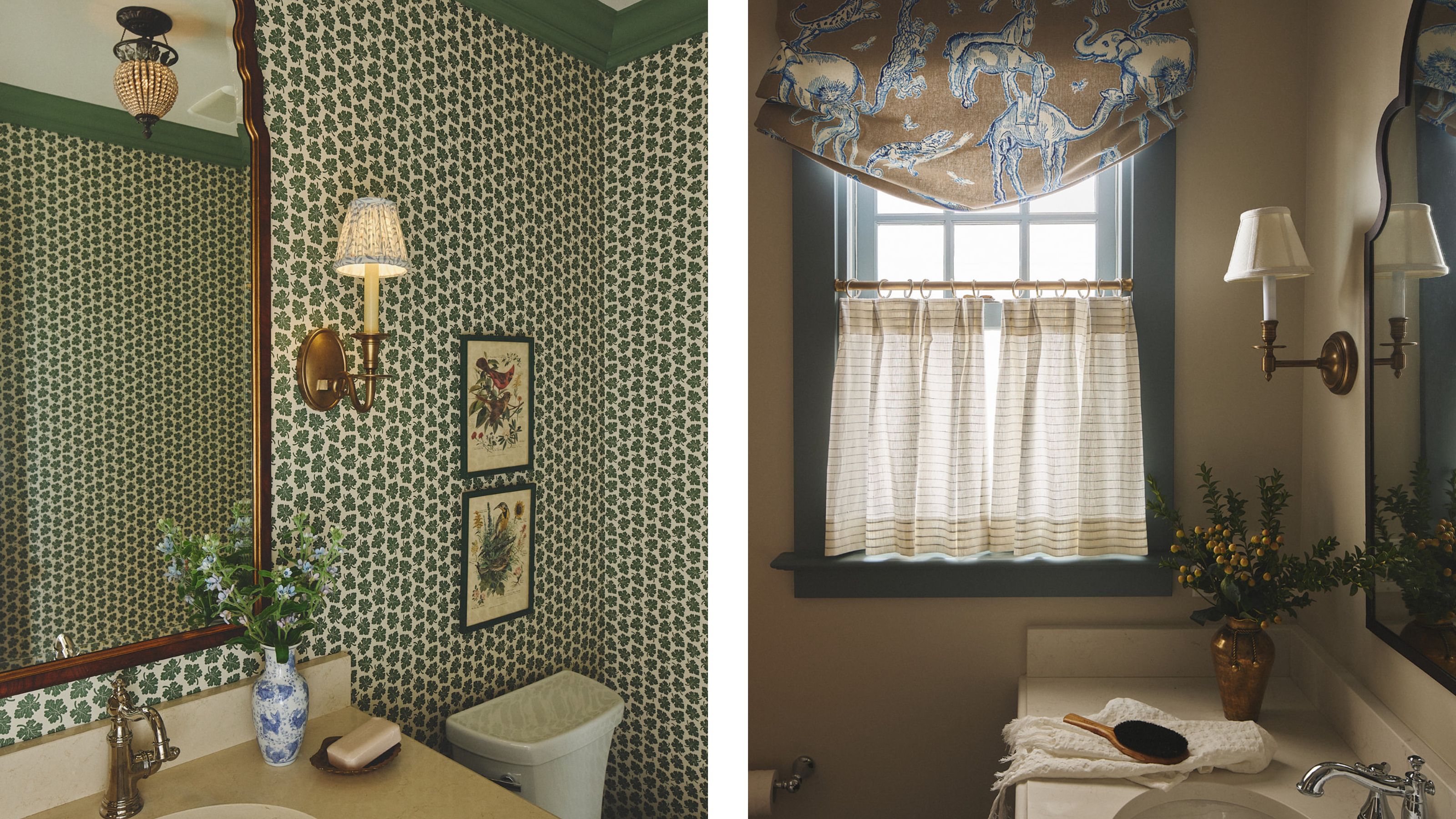 two side by side images of bathrooms in an English inspired home in Toronto with layered pattern and vintage decor