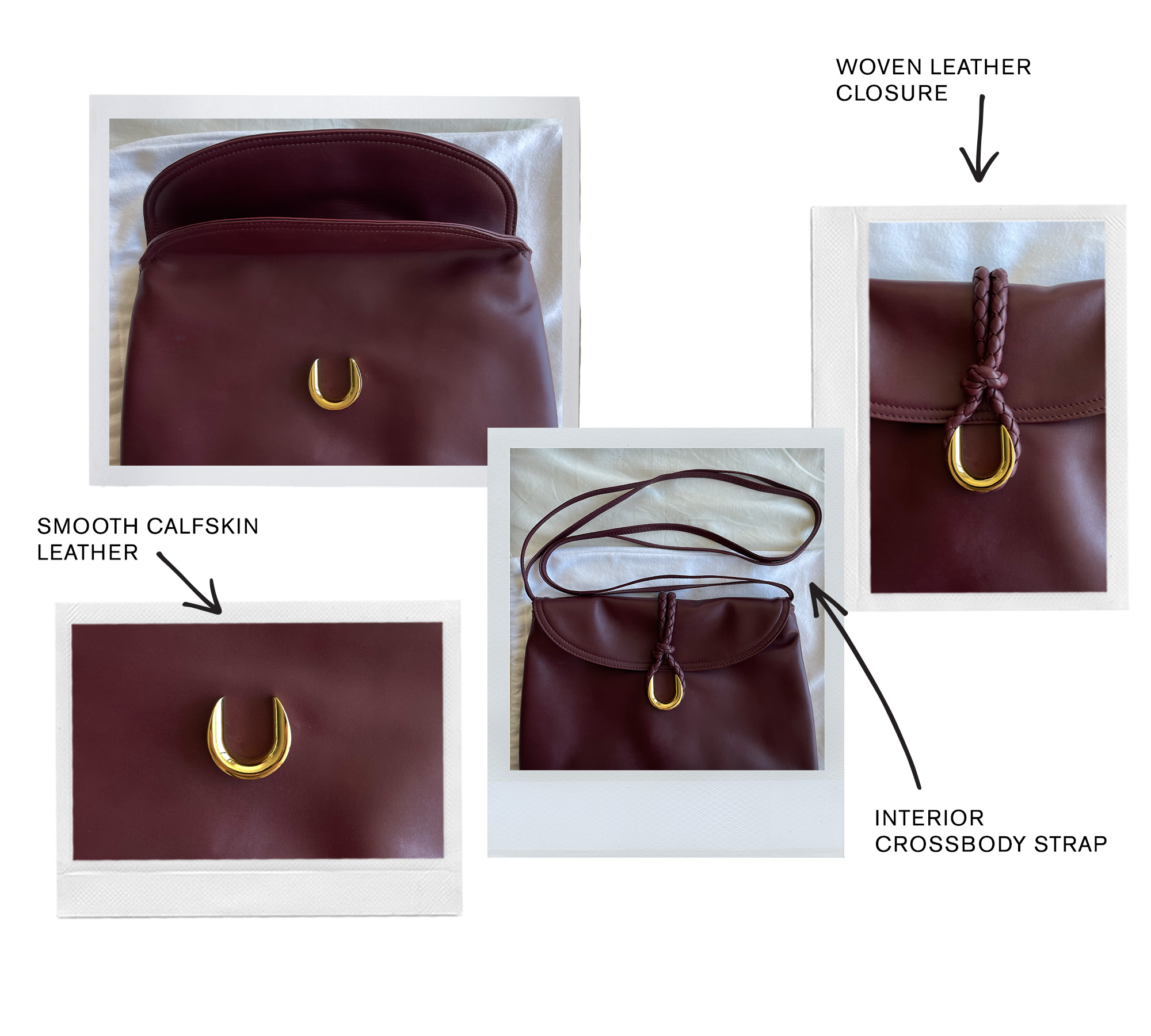 a collage of text and detailed images that highlight the Bottega Veneta Liberta bag