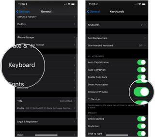 Enabling character preview showing how to tap Keyboard and tap the switch next to Character Preview