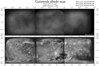 The original observations (top) and interpretations (bottom) of the first ever amateur albedo map of Ganymede.