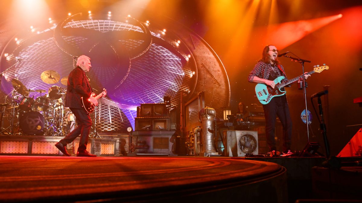 Alex Lifeson and Geddy Lee of Rush perform during the opening night of their first American tour in 11 years at The Kia Forum on June 07, 2026 in Inglewood, California