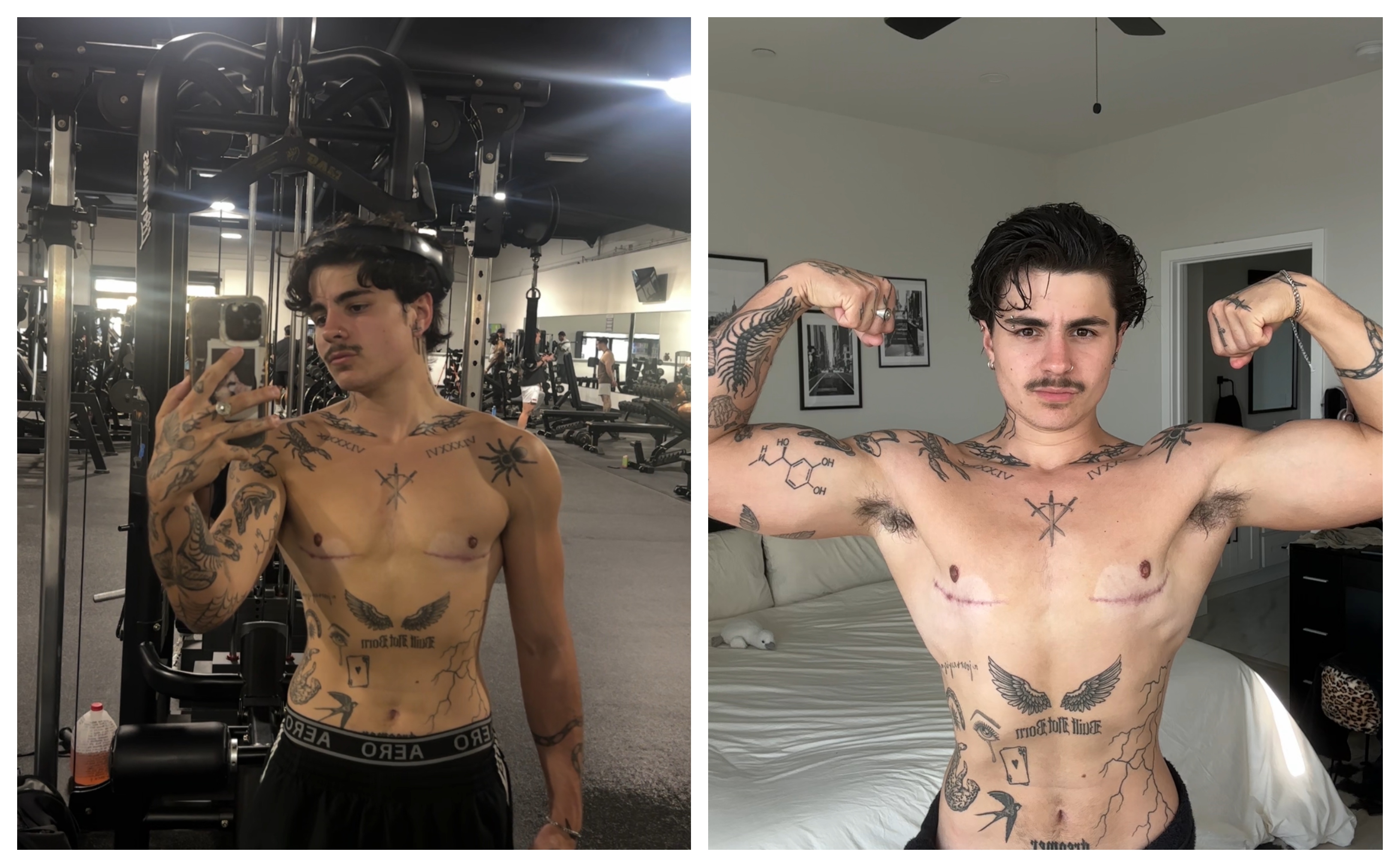 a young man with tattoos flexing in the mirror on the left and in a bedroom on the right
