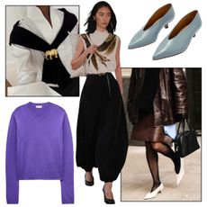 J.Crew v-neck sweater; @sylviemus_ wearing a brooch; Altuzarra S/S 26; Aeyde high-vamp pumps; Nikki Chwatt at NYFW