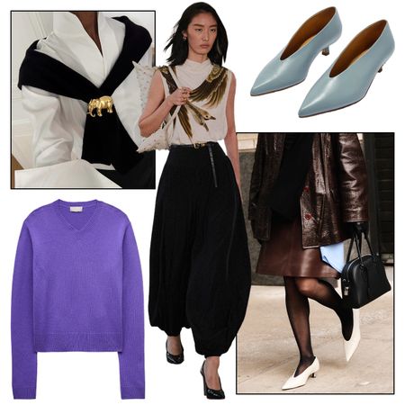 J.Crew v-neck sweater; @sylviemus_ wearing a brooch; Altuzarra S/S 26; Aeyde high-vamp pumps; Nikki Chwatt at NYFW