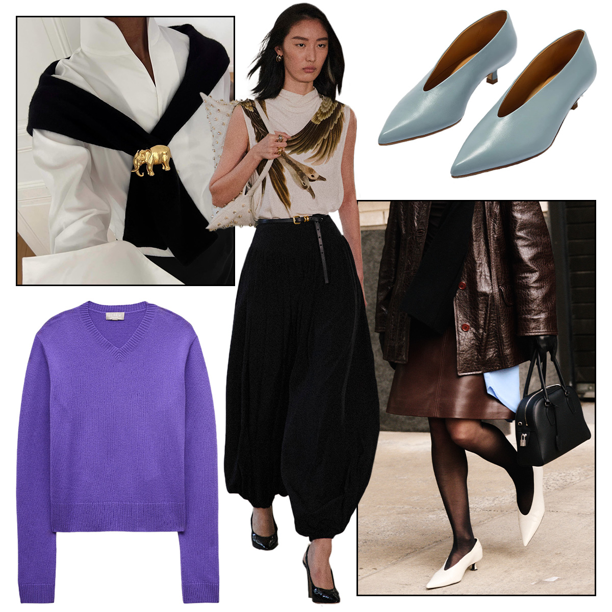 J.Crew v-neck sweater; @sylviemus_ wearing a brooch; Altuzarra S/S 26; Aeyde high-vamp pumps; Nikki Chwatt at NYFW
