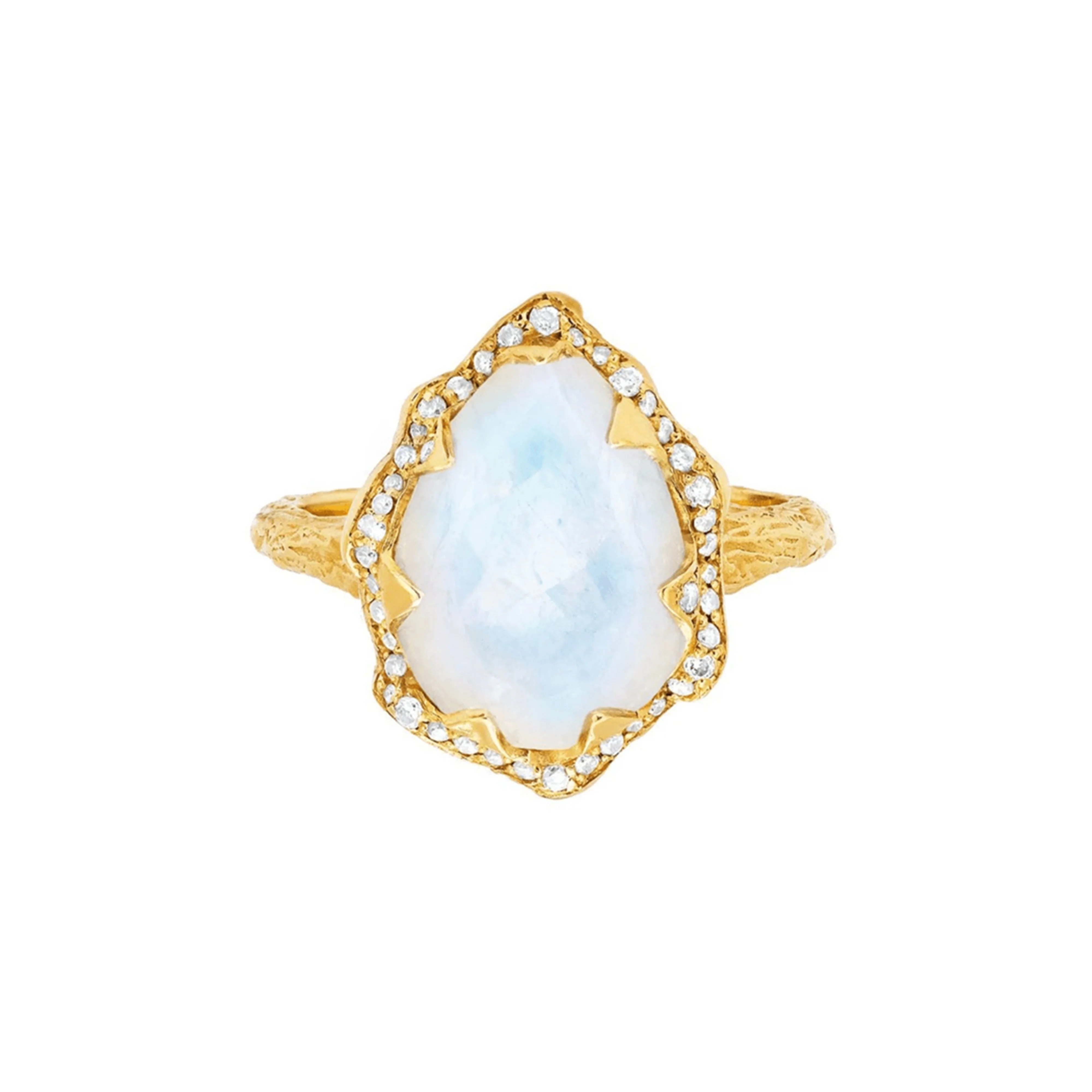 Queen Water Drop Moonstone Ring with Full Pav&amp;eacute; Diamond Halo