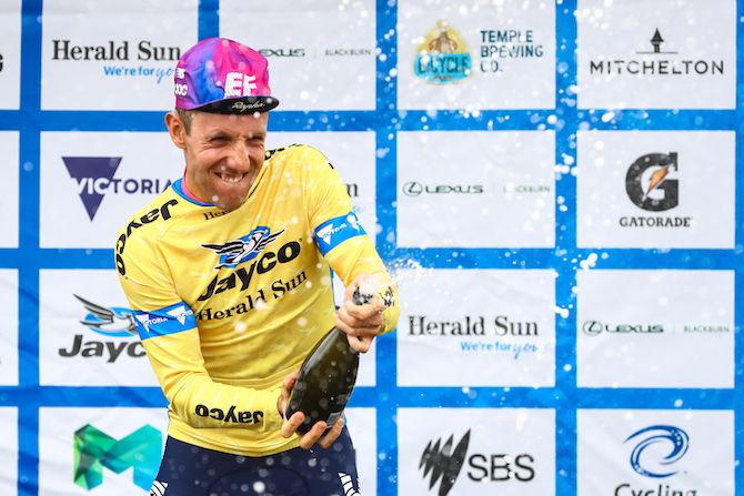 EF Education First's Michael Woods celebrates having taken the leader's jersey at the 2019 Herald Sun Tour