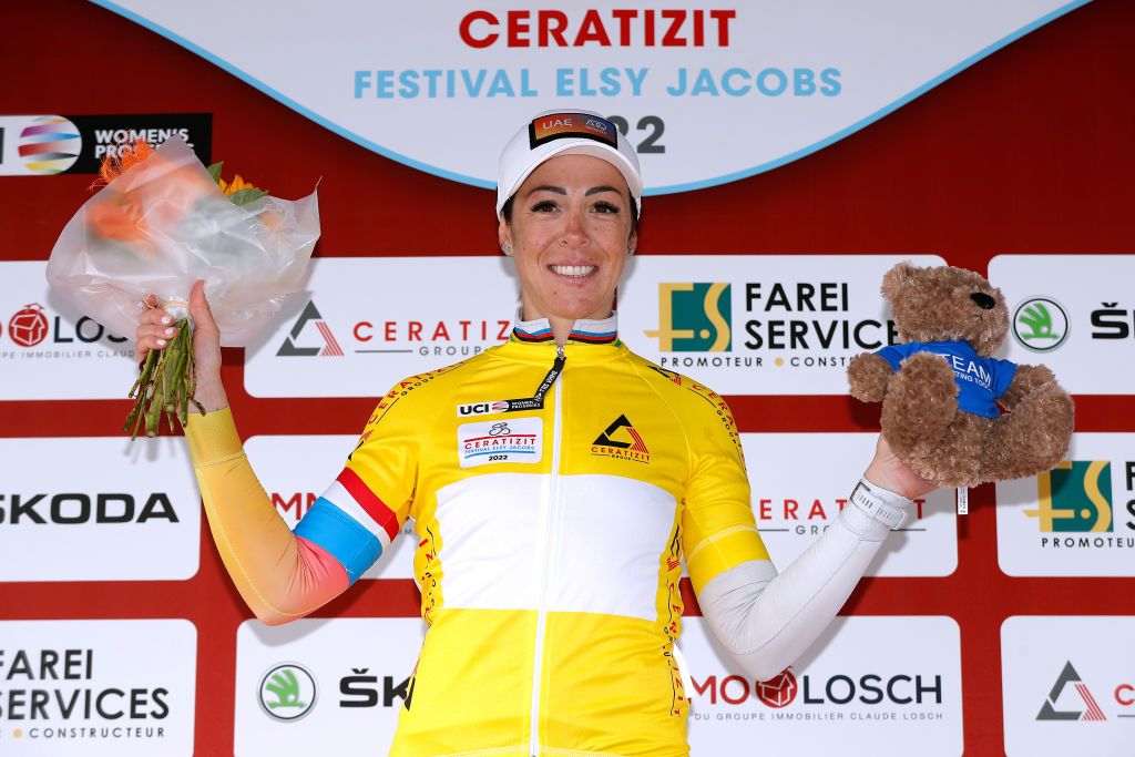 GARNICH LUXEMBOURG MAY 01 Marta Bastianelli of Italy and UAE Team ADQ celebrates at podium as final Yellow Leader Jersey winner during the 14th Ceratizit Festival Elsy Jacobs 2022 Stage 2 a 1093km stage from Garnich to Garnich felsy on May 01 2022 in Garnich Luxembourg Photo by Bas CzerwinskiGetty Images