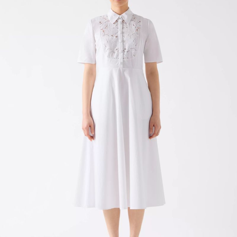 LK Bennett Grace White Cotton Embroidered Lace Panel Bib Dress