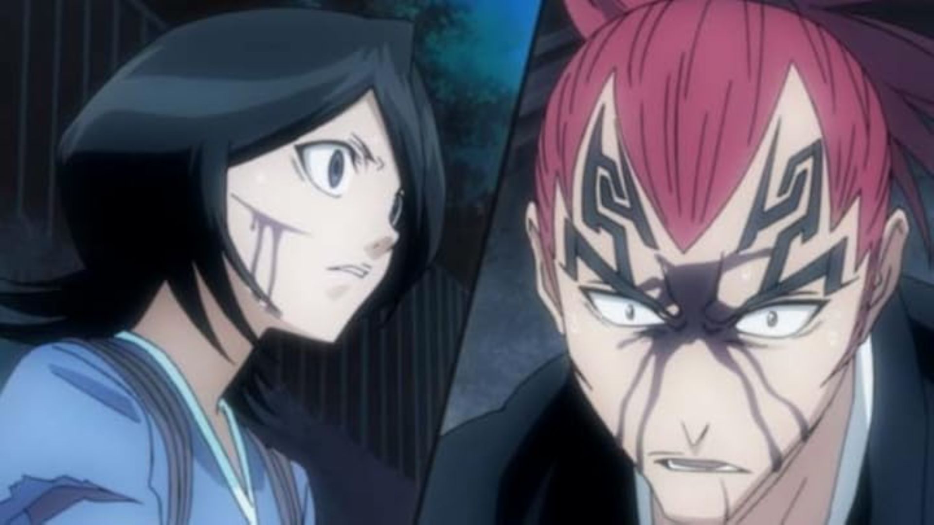 A scarred Rukia in a split screen with Renji on Bleach