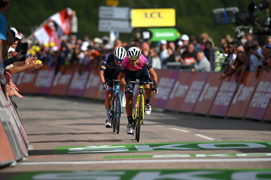 LE MARKSTEIN FRANCE JULY 30 Silvia Persico of Italy and Team Valcar Travel Service crosses the finishing line during the 1st Tour de France Femmes 2022 Stage 7 a 1271km stage from Slestat to Le Marksteinc TDFF UCIWWT on July 30 2022 in Le Markstein France Photo by Dario BelingheriGetty Images