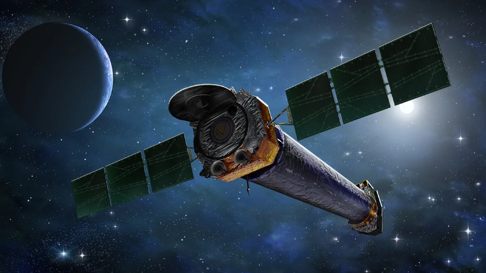 An Artist's illustration of the Chandra X-ray Observatory in space with Earth in the background
