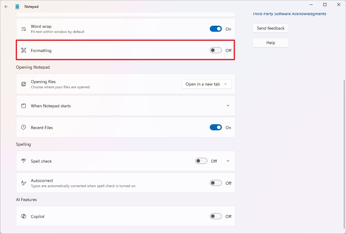 Notepad disable text formatting