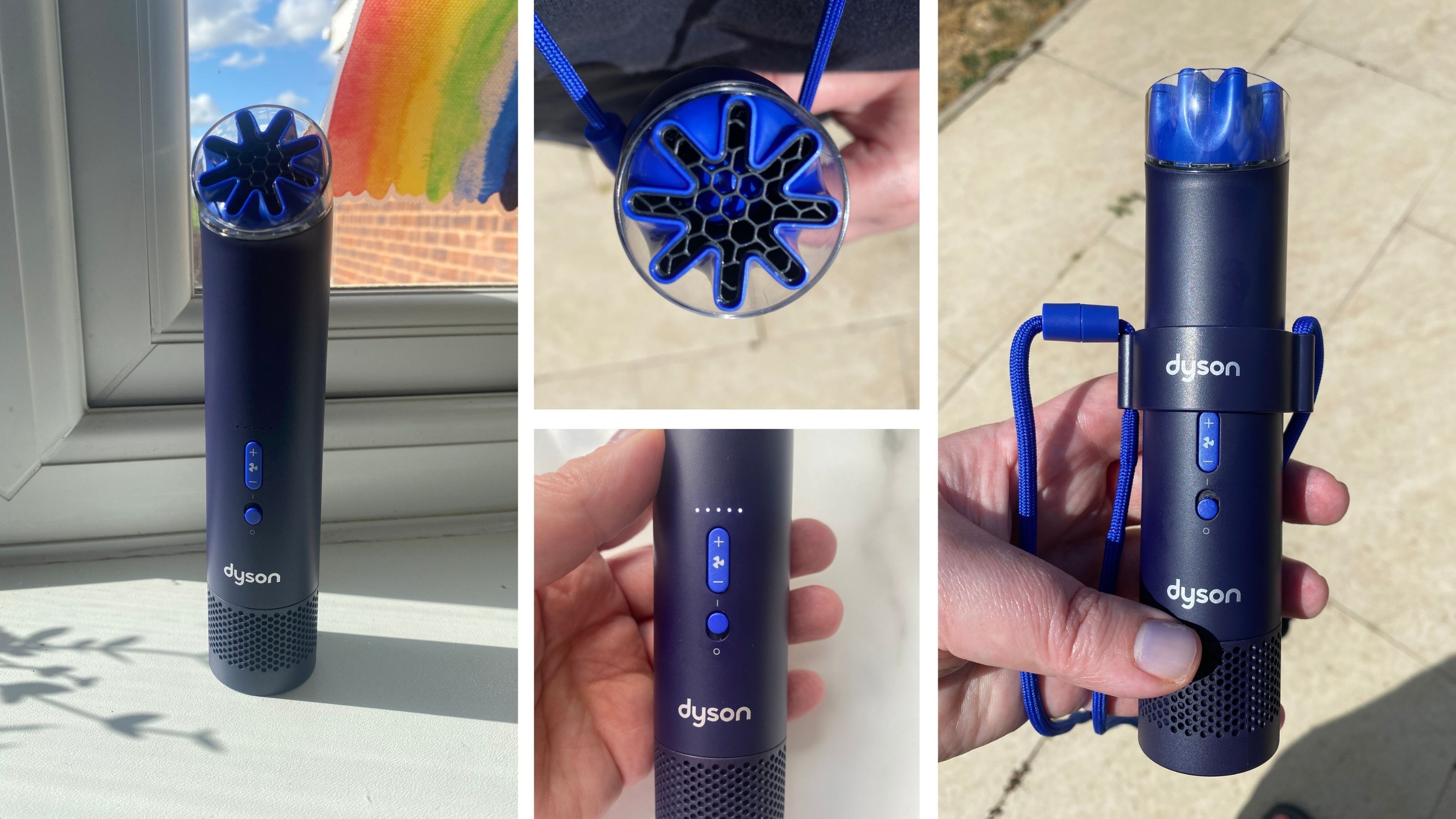 Spliced image showing the review process of the Dyson HushJet Mini Cool fan