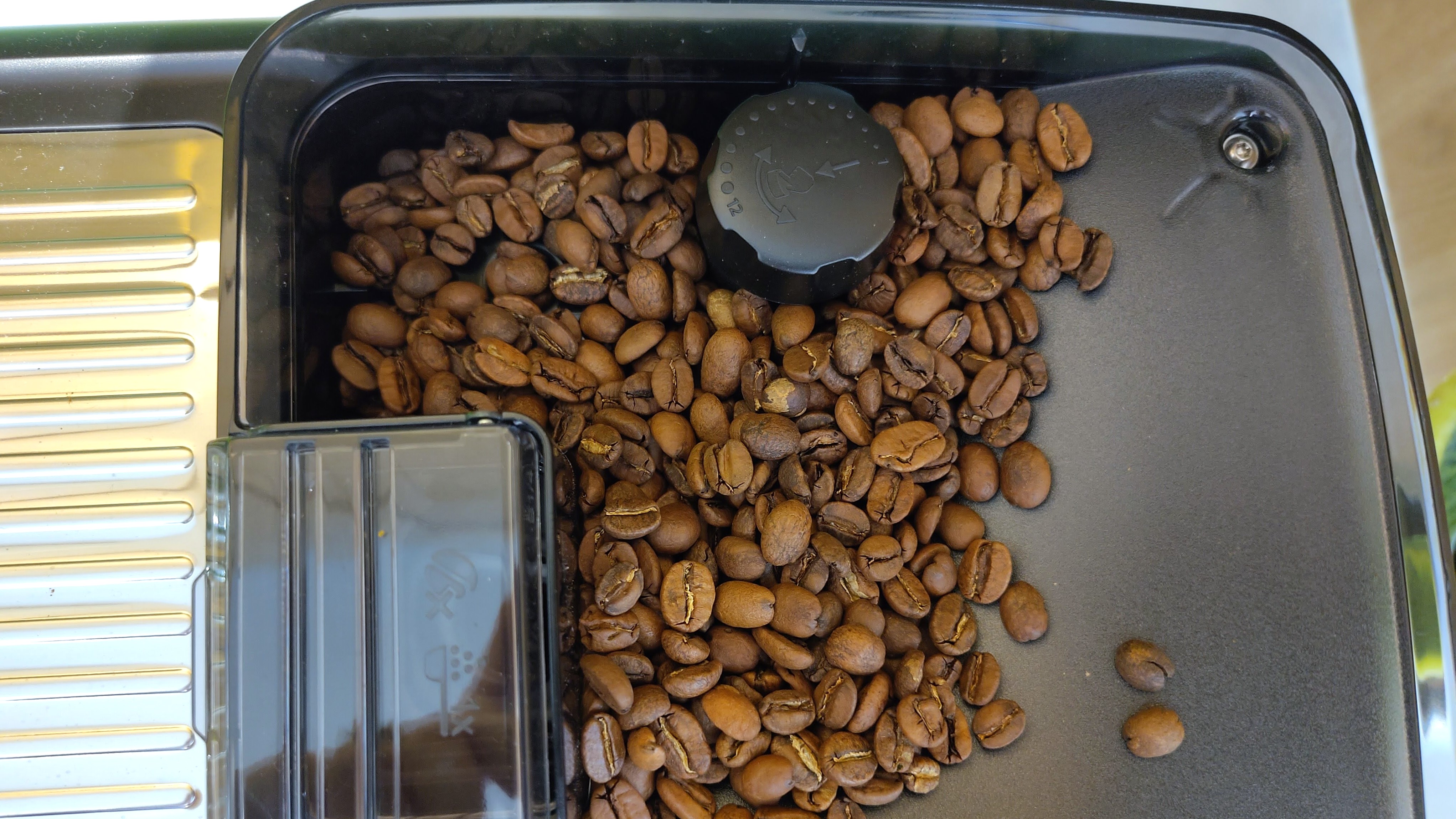 Philips LatteGo 5500 Series bean hopper with coffee beans inside