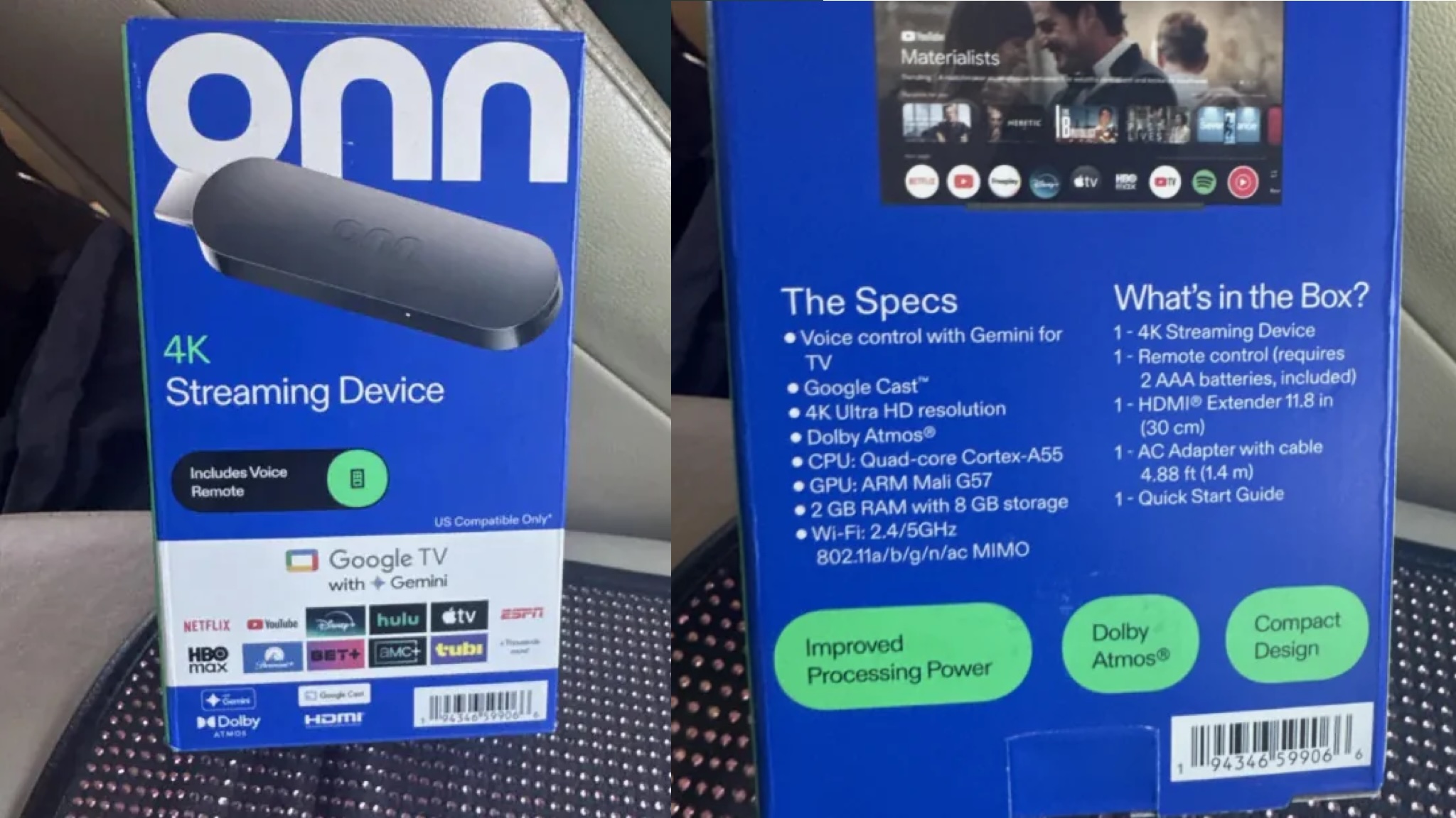 Photo of the front and back of a boxed Onn 4K Streaming Stick in Walmart