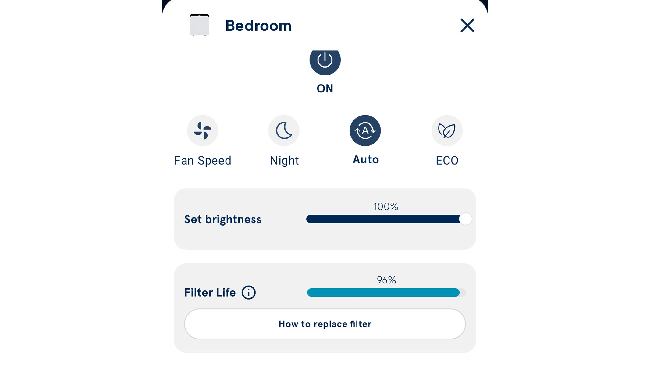a screenshot of fan speed settings in the Blueair app