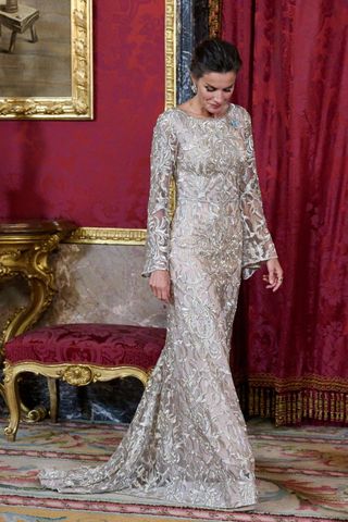 Queen Letizia wearing a floor length sparkly gown