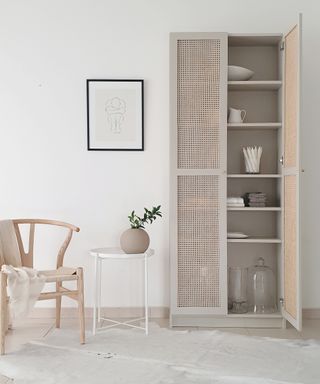 A storage unit with a rattan door