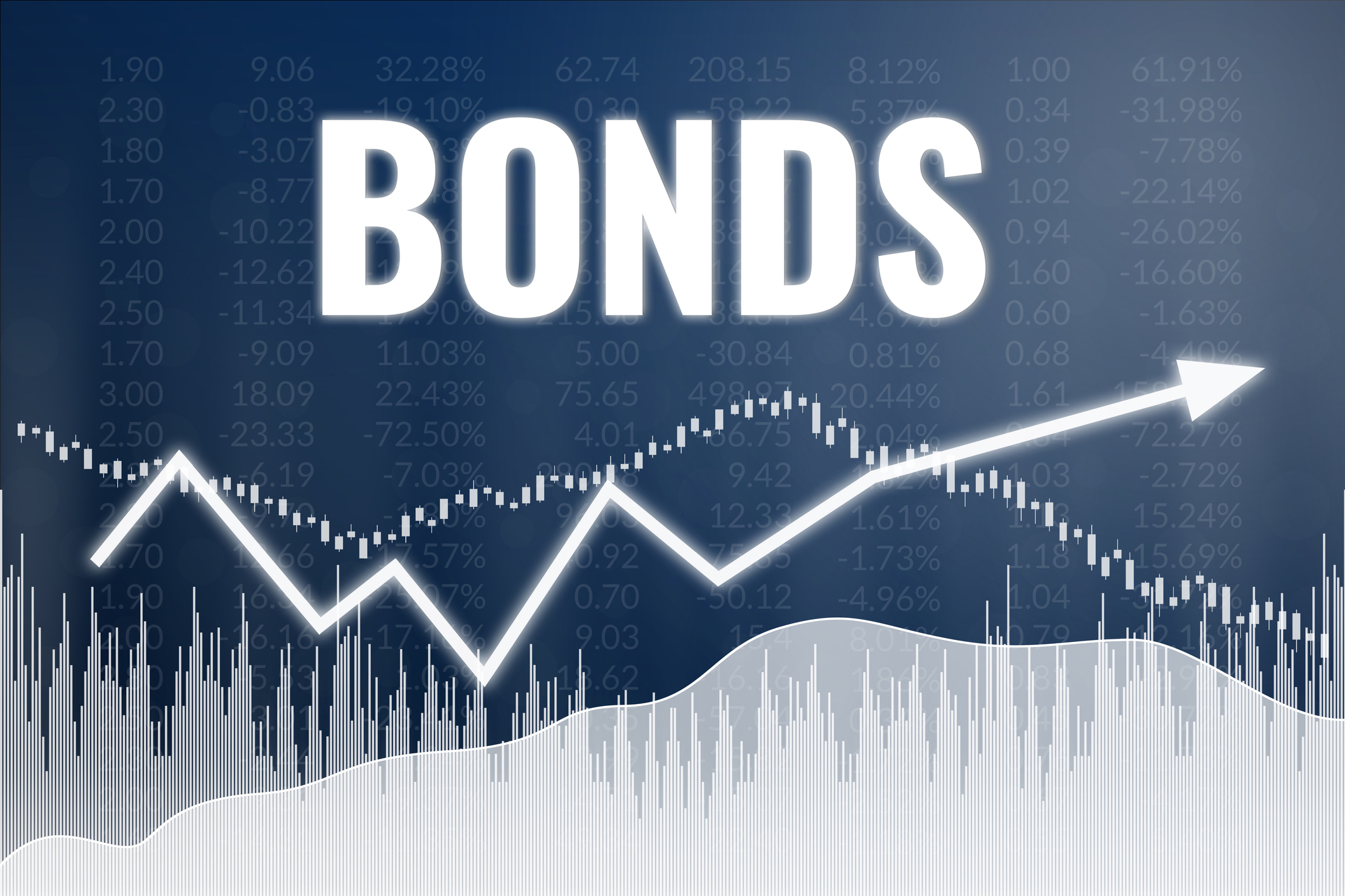 Financial term Bonds on blue background. Global economy concept