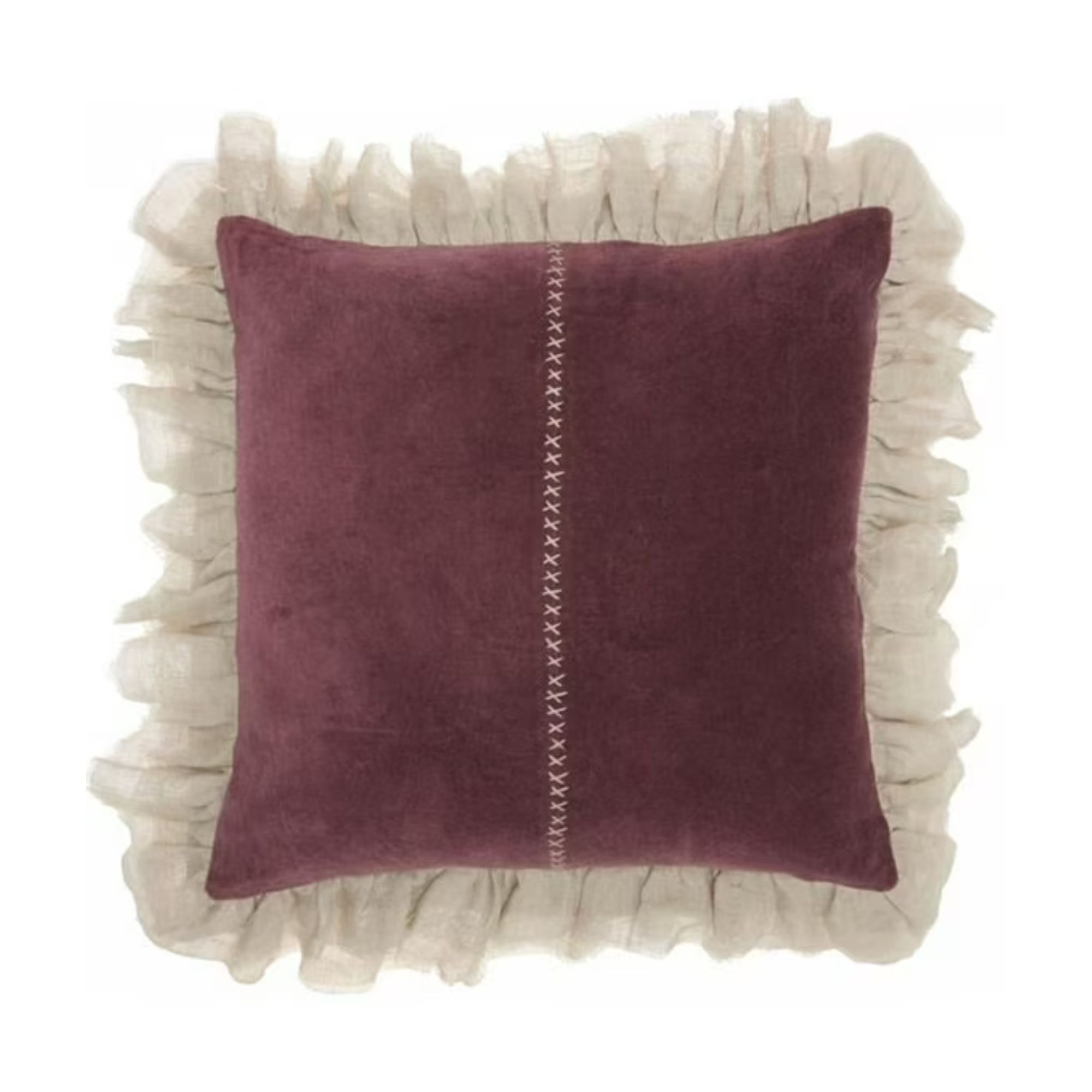 Maroon throw pillow with cream tasselled edges