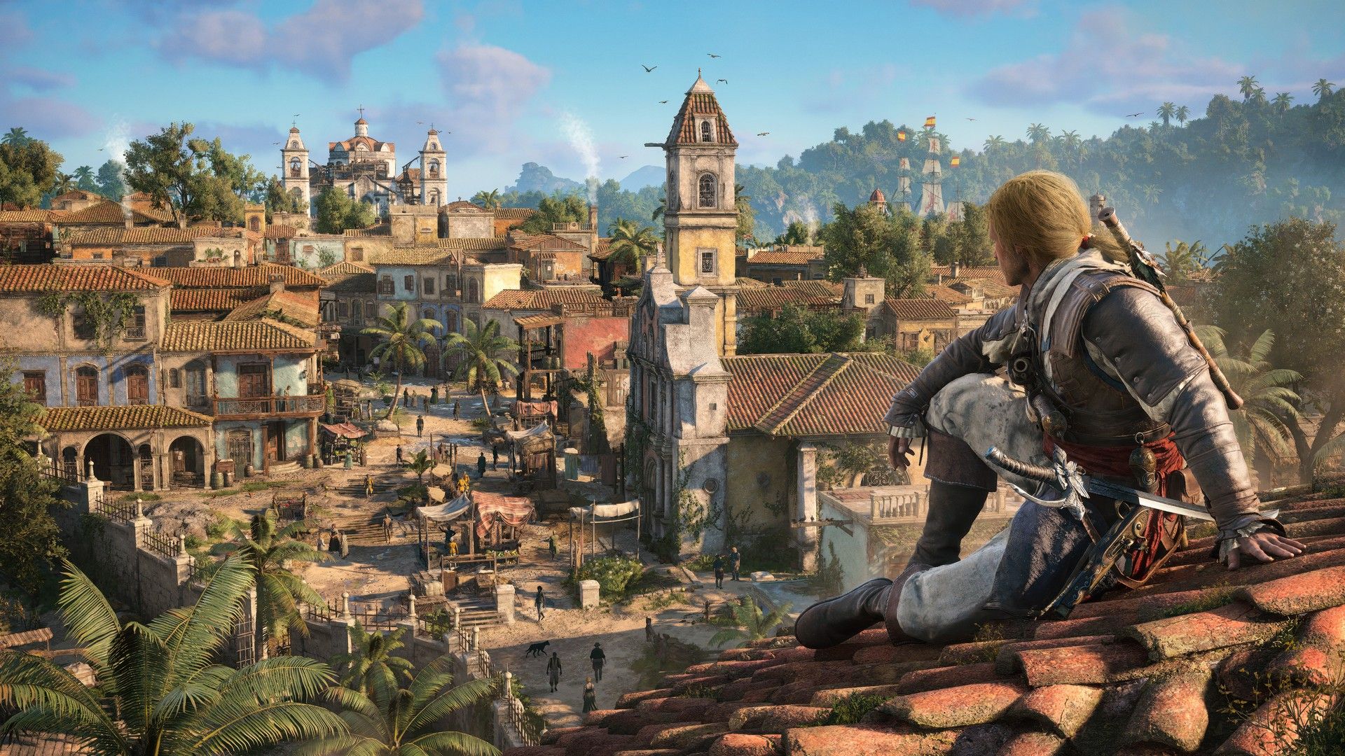 Edward Kenway leans on a tiled roof as he looks out across Havana in the sunshine in Assassin's Creed Black Flag Resynced