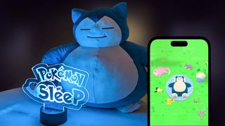 Pokemon Sleep: Snorlax stuffed animal wit Pokemon Sleep app. 