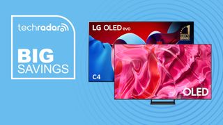 Samsung S90C and LG C4 TVs on blue background with big savings text overlay