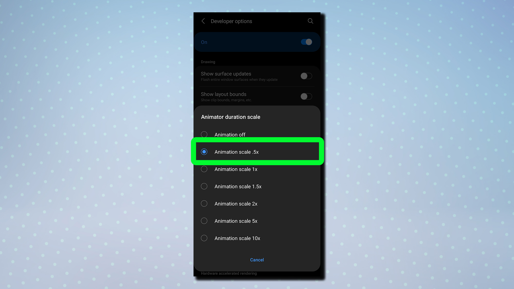A screenshot showing the Android developer options menu with animator duration scale highlighted
