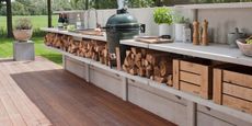Roost episode 4 - a grey outdoor kitchen with egg kamado bbq - Pic-credit-WWOO-Outdoor-Kitchen-by-Garden-House-Design
