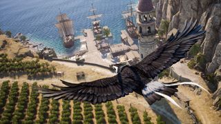 An eagle soars above a fantasy city