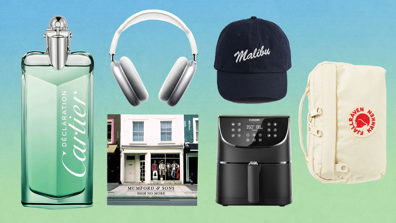 selection of father&#039;s day gifts including cartier perfume and headphones